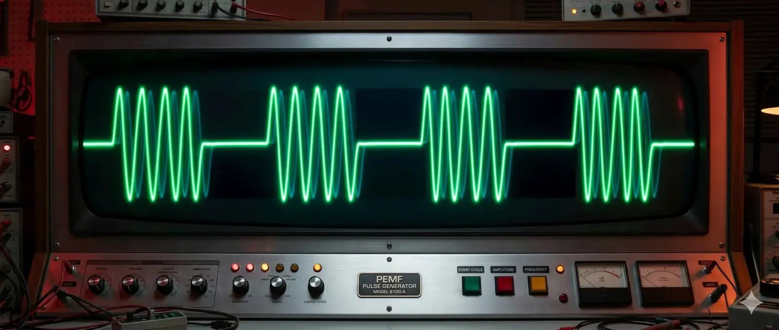 Green waveform glowing on an oscilloscope screen