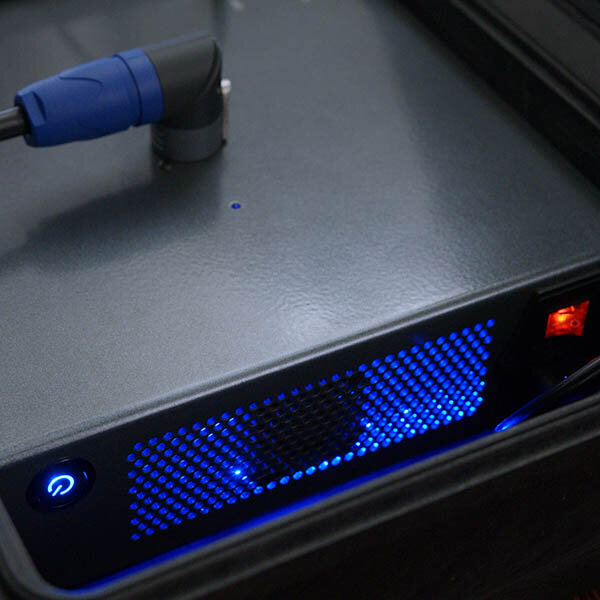 The sound frequencies are amplified via the custom designed amplifier.