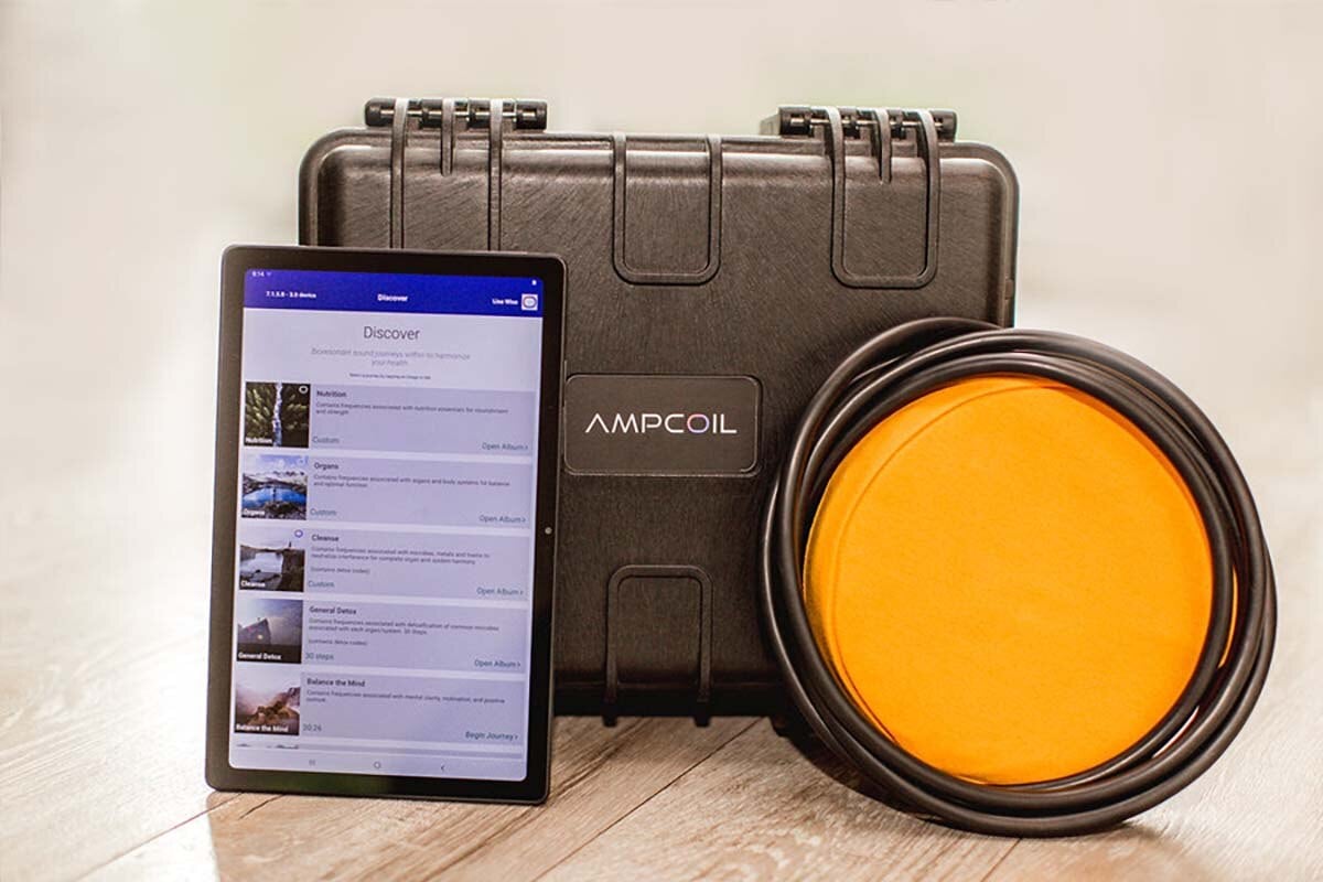 AmpCoil Basic Model — amplifier case, coil, and tablet with the BetterGuide app